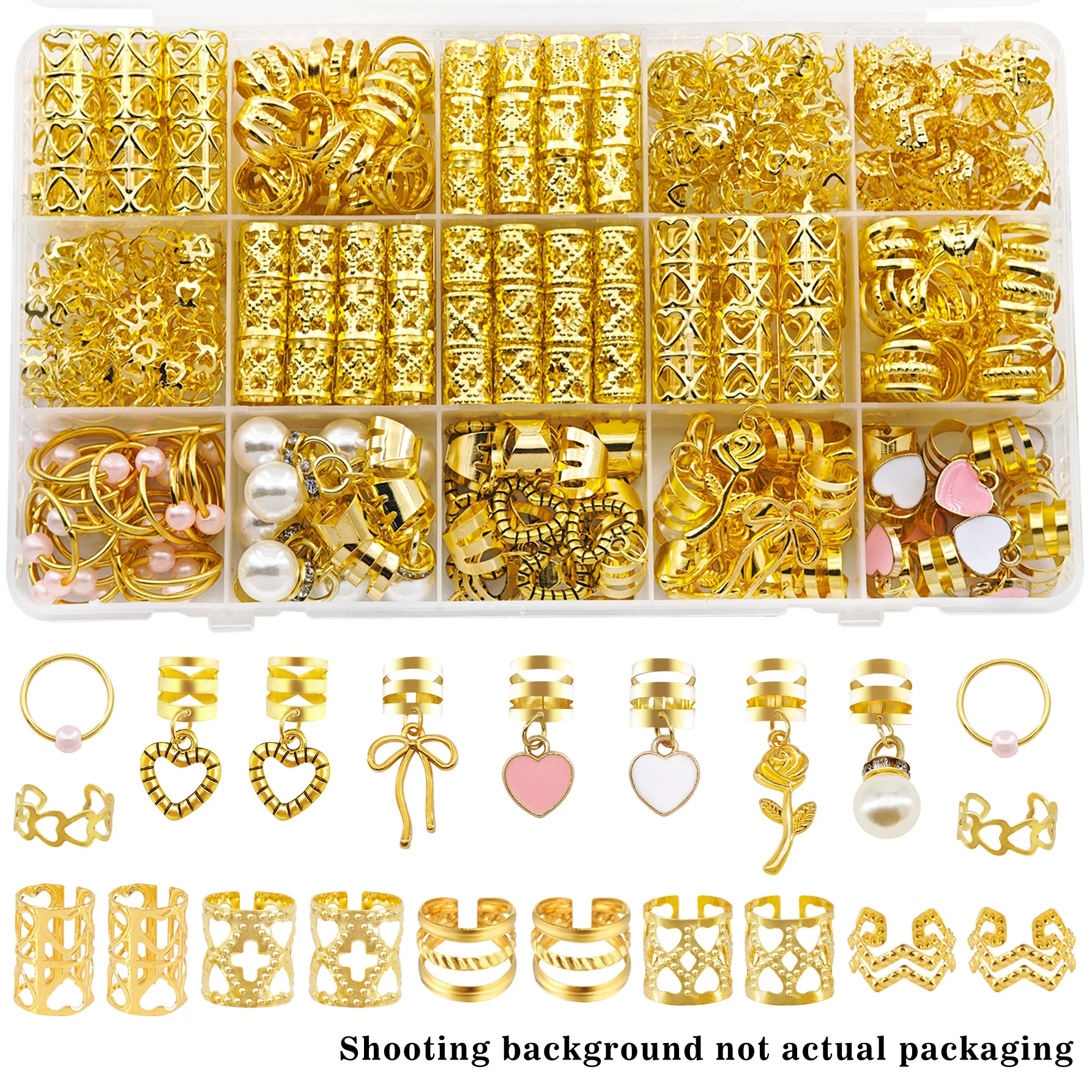 169pcs DIY heart Rose Bow Pearl hair ring cutout adjustable fashion Dreadlocks Beads summer suitable for women（Without box)