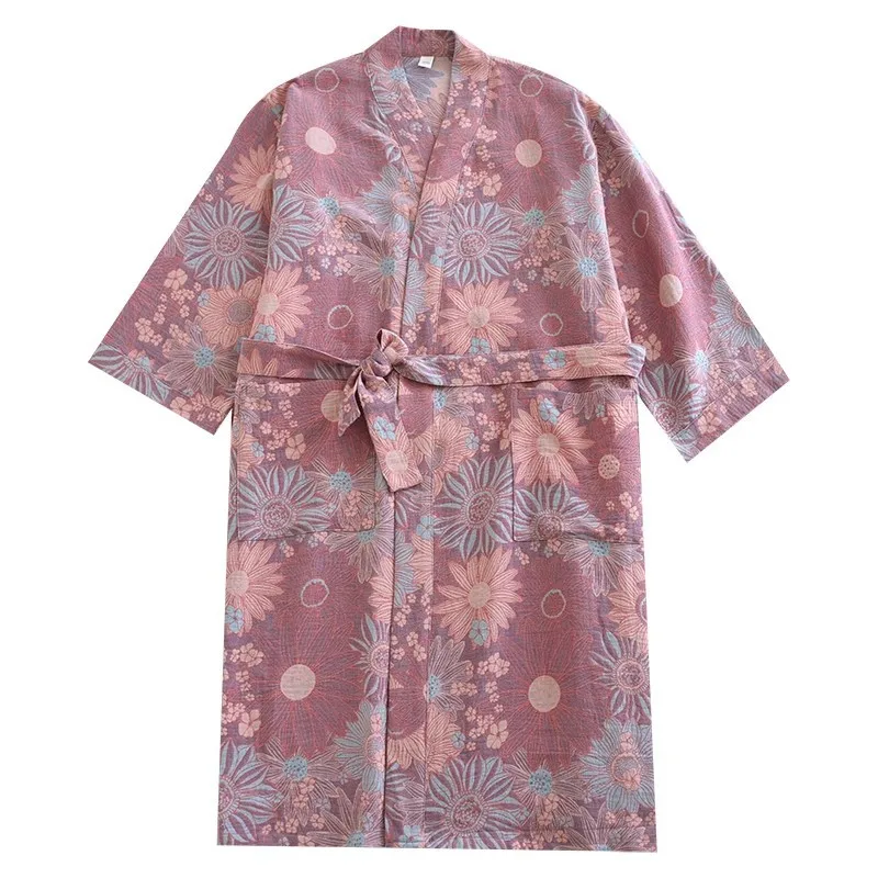 2024 Japanese Kimono Spring/Summer New Bathrobe Women\'s Nightgown 100% Pure Cotton Double Layer Gauze Yarn Woven Thin Home