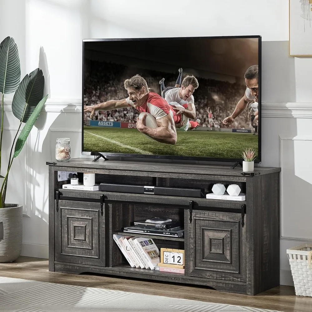 

Farmhouse TV Stand for 75 Inch TV, Large Highboy Entertainment Center with Sliding Barn Door, Country Media Console with Storag