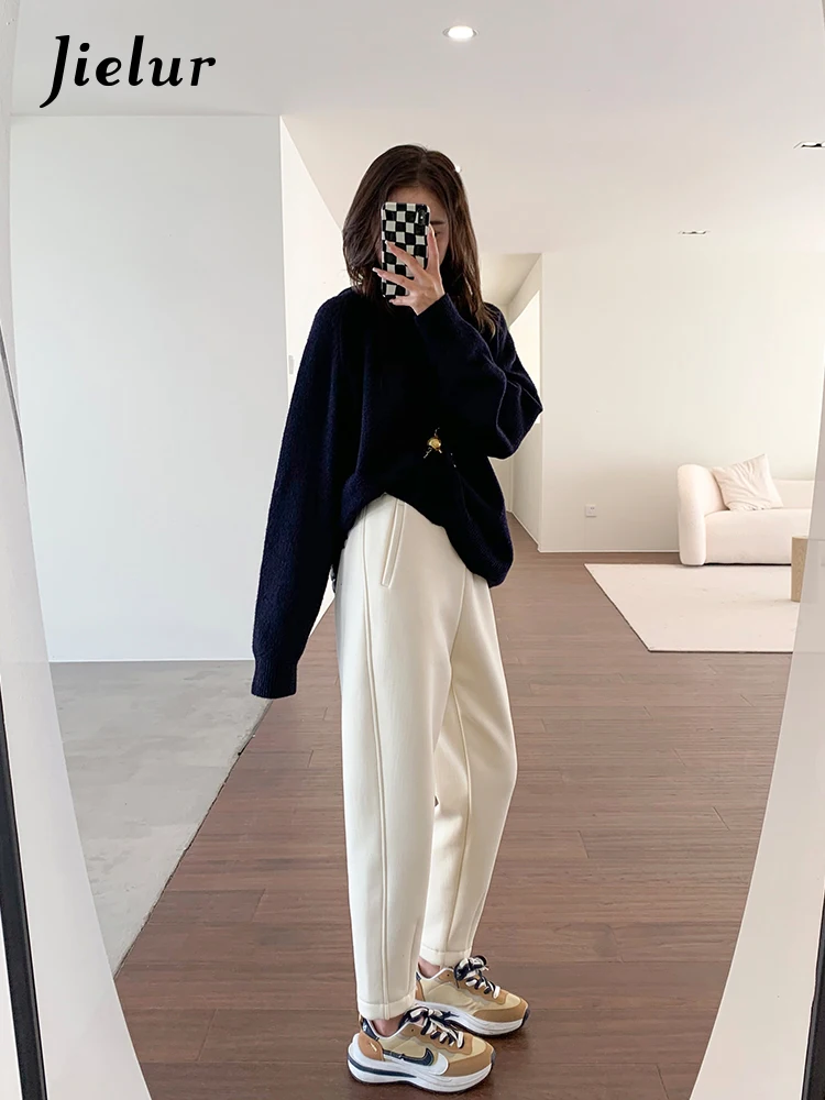 Jielur Thicken Women Harem Pants Autumn Winter Trousers Casual Apricot Black Sweatpants Loose Female Trousers Warm Capris XS-XXL