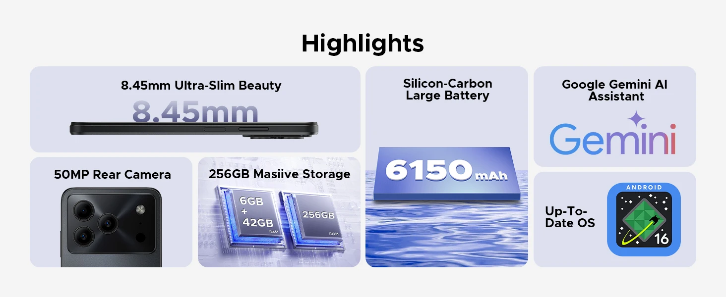 DOOGEE Note56 Plus Android 16 Gemini Ai Smartphones 6150mAh Battery 48GB RAM(6+42) 256GB ROM 6.56'' Screen Widevine L1 NFC Google Play Support Cell Phones