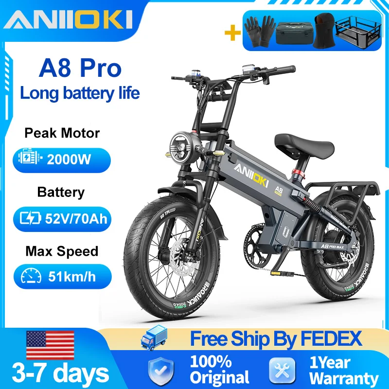 

ANIIOKI ebike A8 Pro Max Electric bike 2000W Peak Motor 52V 70Ah battery Electric Bicycle 32mph Fat Tires 20"*4" Adult Ebike