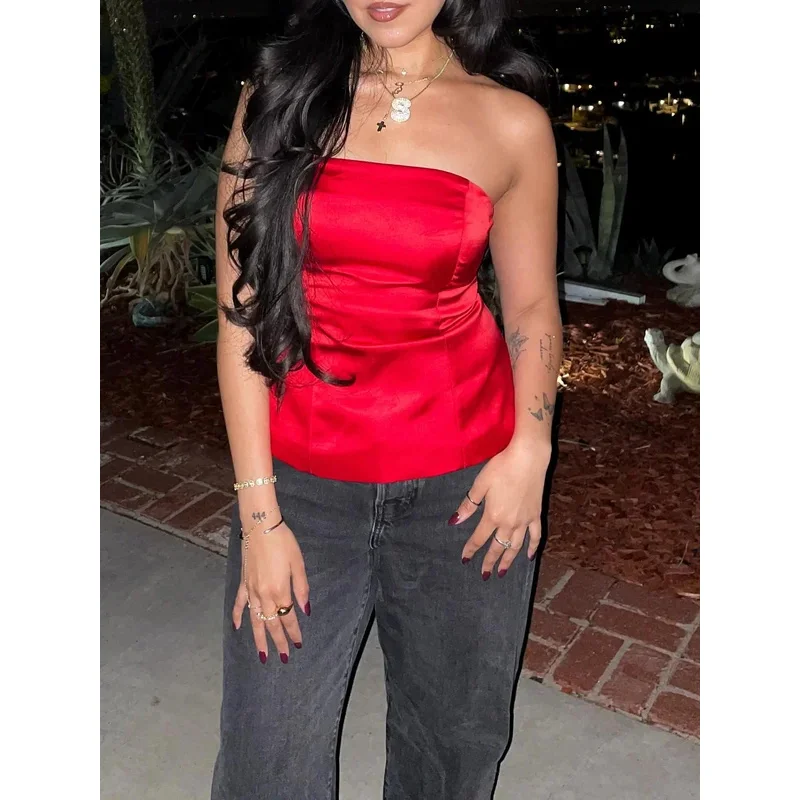 

Women's Satin Textured Off-Shoulder Tops Fashionable Simple Sleeveless Short Tops Wrap Style for Stylish Casual Wear