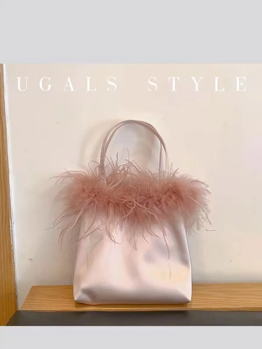 High Quality Luxury Soft Satin Bucket Bag Women Handbag Ostrich Hair Evening Bag Wedding Party Clutch Purse Female Shoulder Bag