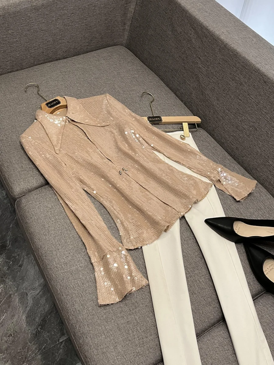 

Slim Fit Elastic Me irt Sequin Beads Transparent New Sle A254 Women's irt Long Sve Summer 2025 No Ironing Required