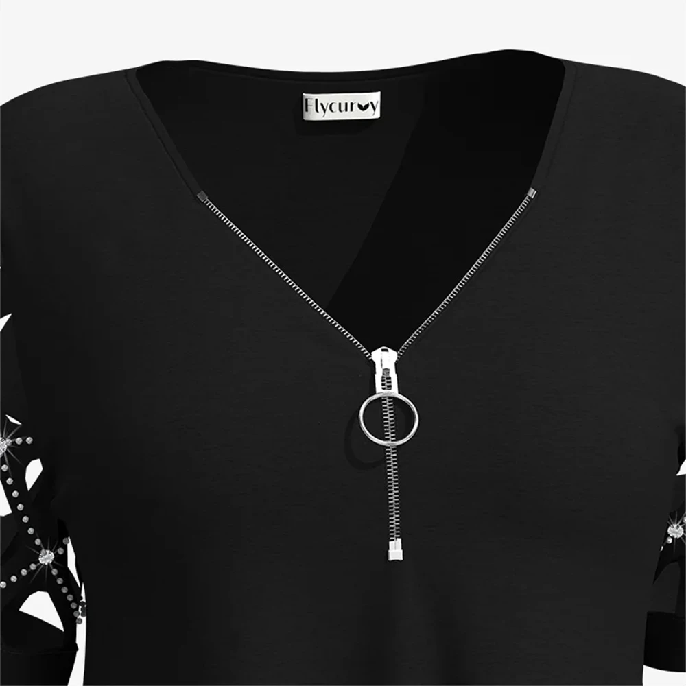 Blusa de media manga ahuecada con cuello en V recortada con cremallera negra informal de verano de talla grande