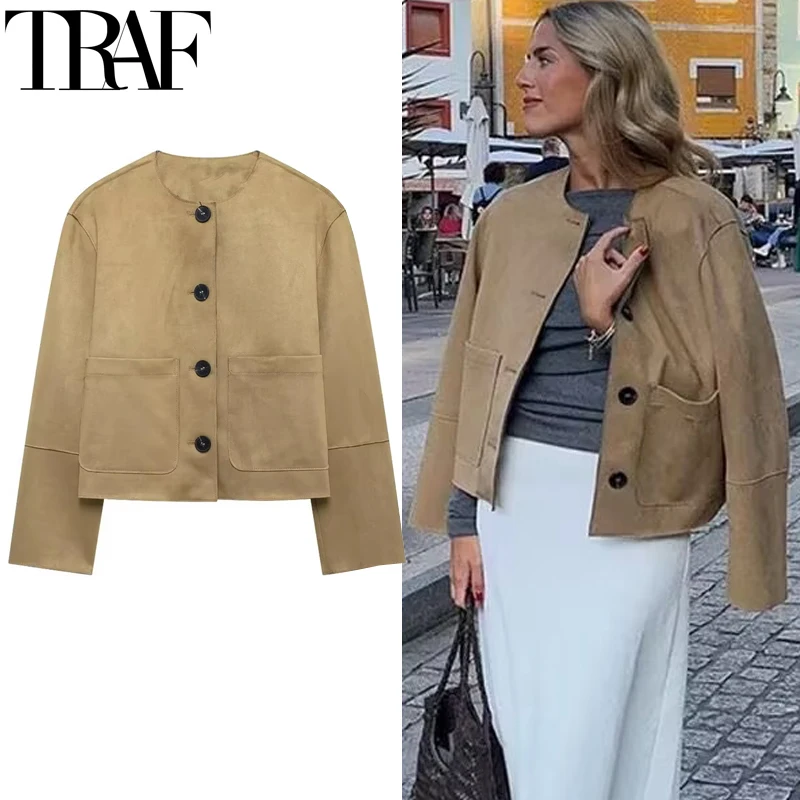 Chaquetas TRAF, prendas de vestir exteriores, chaqueta recortada de ante para mujer, abrigos de manga larga de entretiempo de otoño, abrigos informales con botones, abrigos cortos elegantes y sólidos