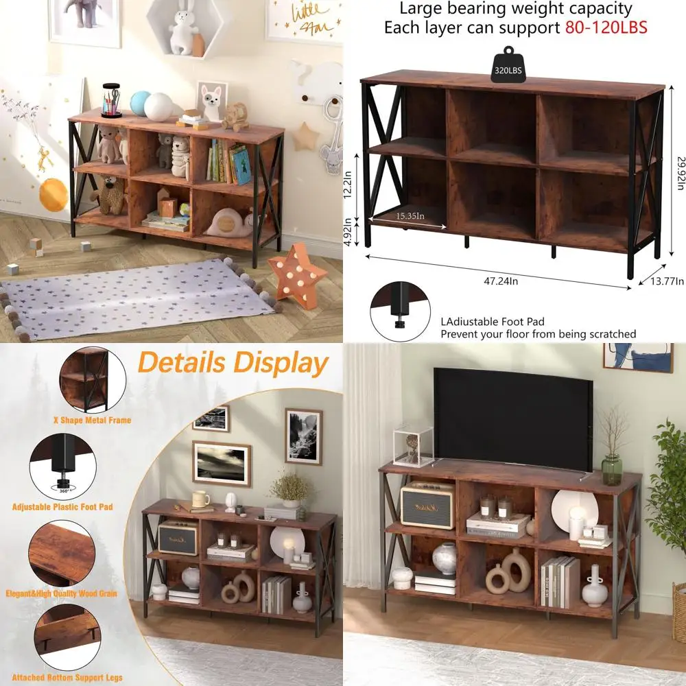 

Wide Industrial Style 6-Cube Bookshelf, Rustic Farmhouse Storage, 47 Brown