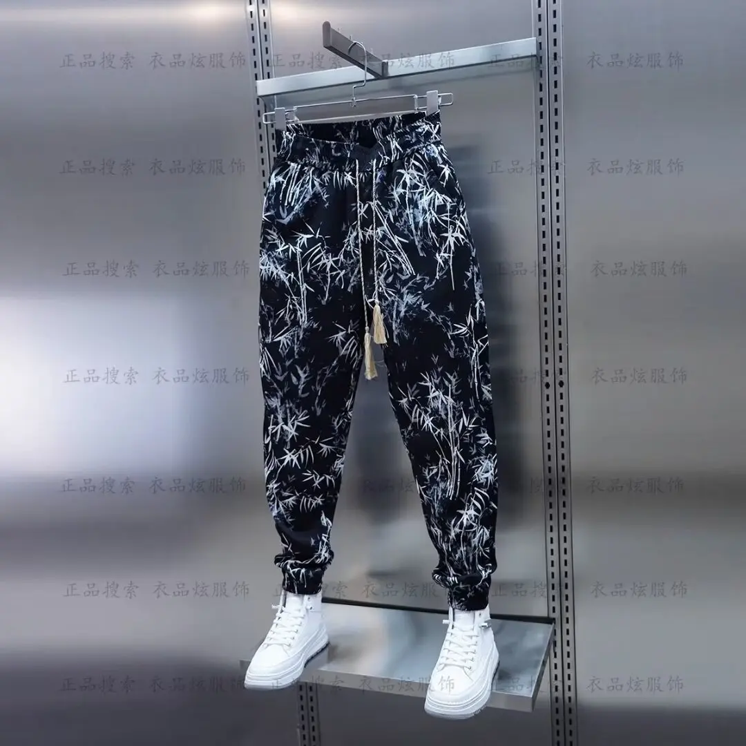 Calça Harem Respirável Masculina, Bamboo Printed Joggers, Calças de Cordão, Streetwear Casual, Verão 2024