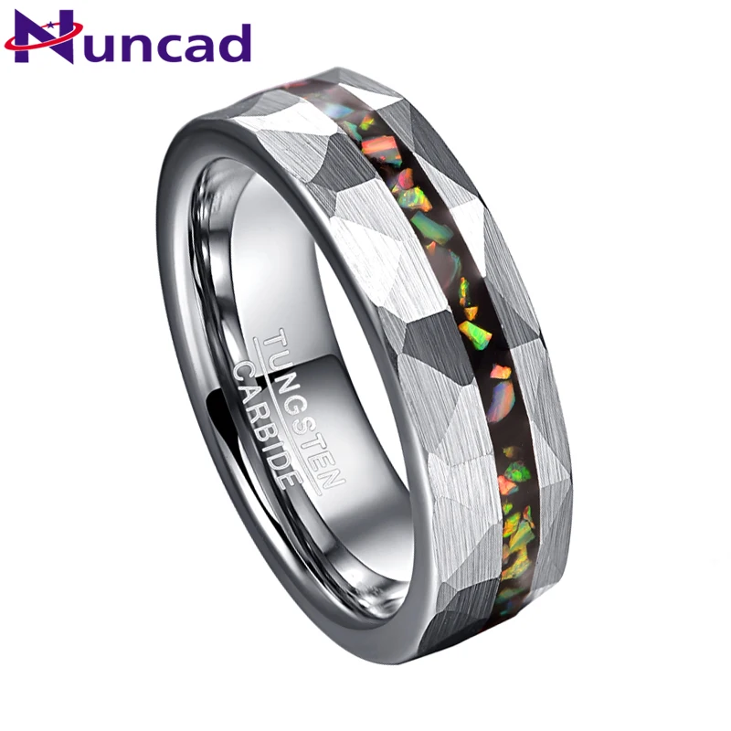 NUNCAD 6mm Tungsten Carbide Ring Regular Hammered Sand Inlaid with Opal Steel Ring Men's and Women's Engagement Jewelry