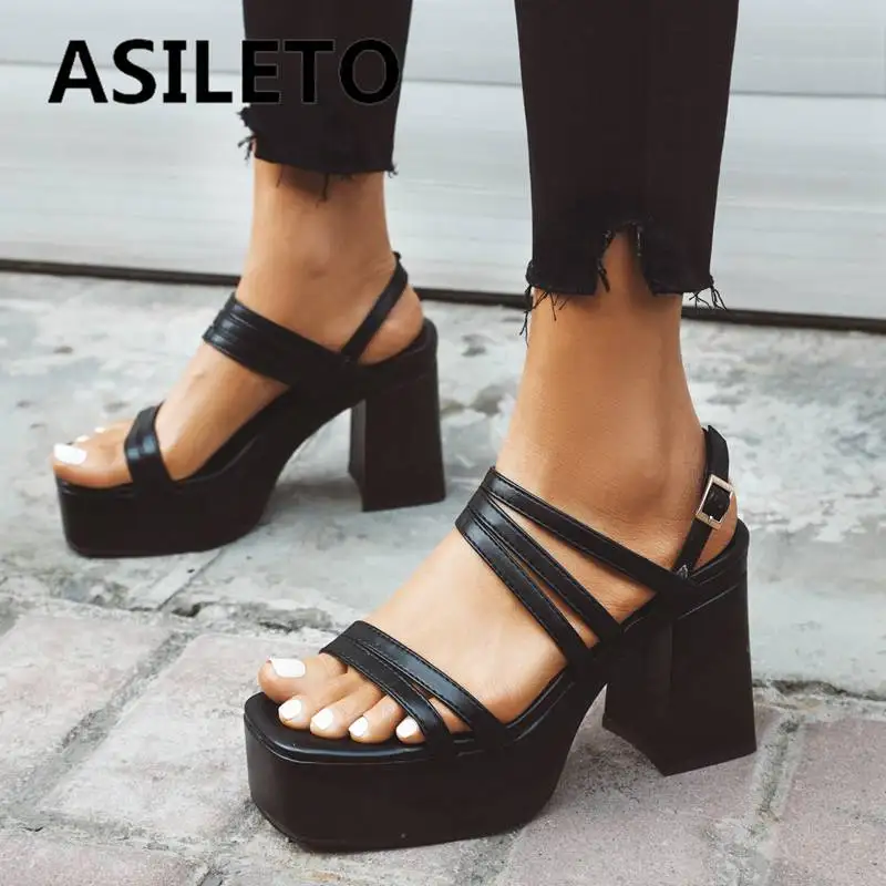 

ASILETO Women Sandals Square Toe Chunky Heel 10cm Platform 4cm Back Buckle Strap Concise Daily Female Shoes Plus Size 41 42 43