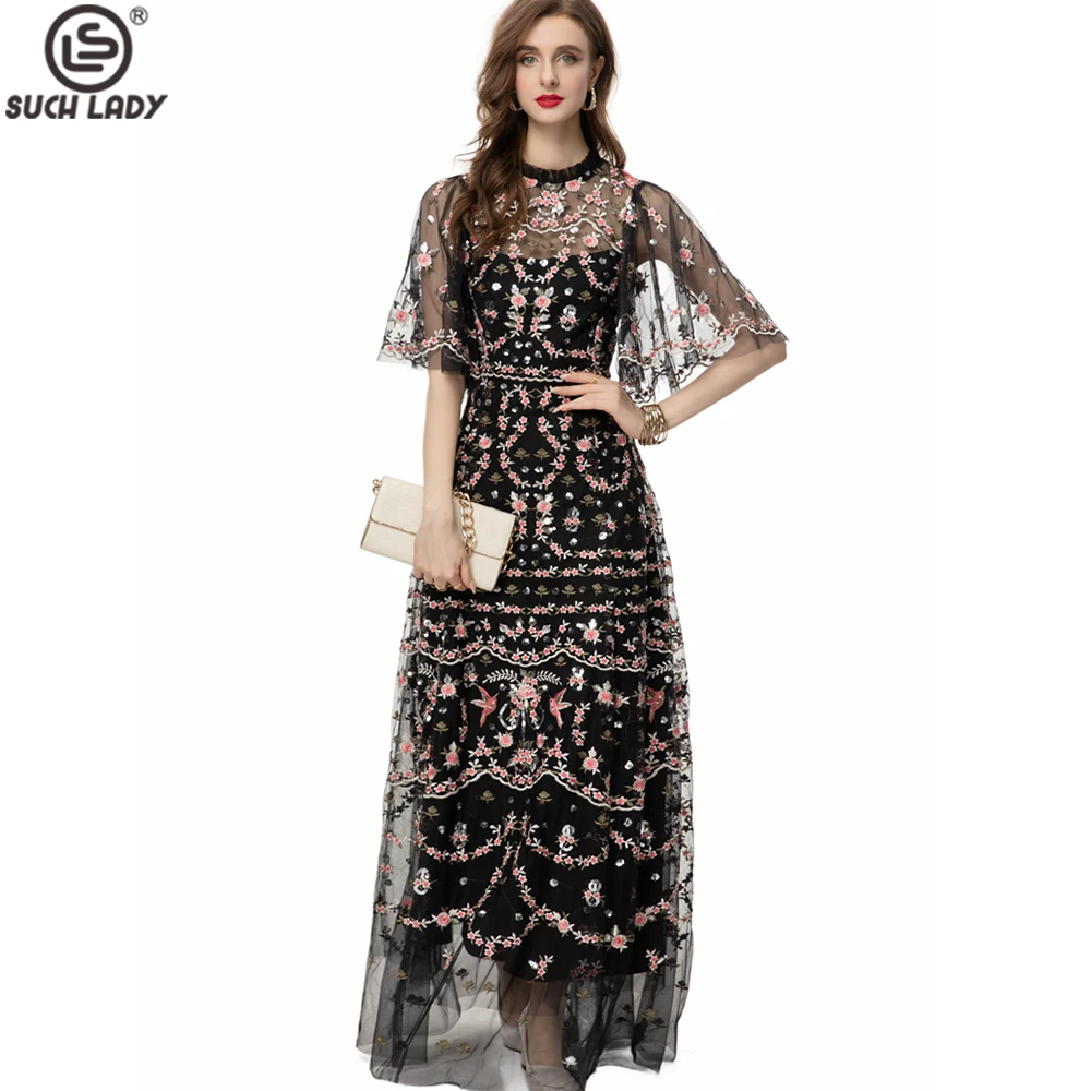 

Women's Runway Dresses Ruffled Collar Half Flare Sleeves Embroidery Floral Layered A Line Elegant Fashion Maxi Party Gown