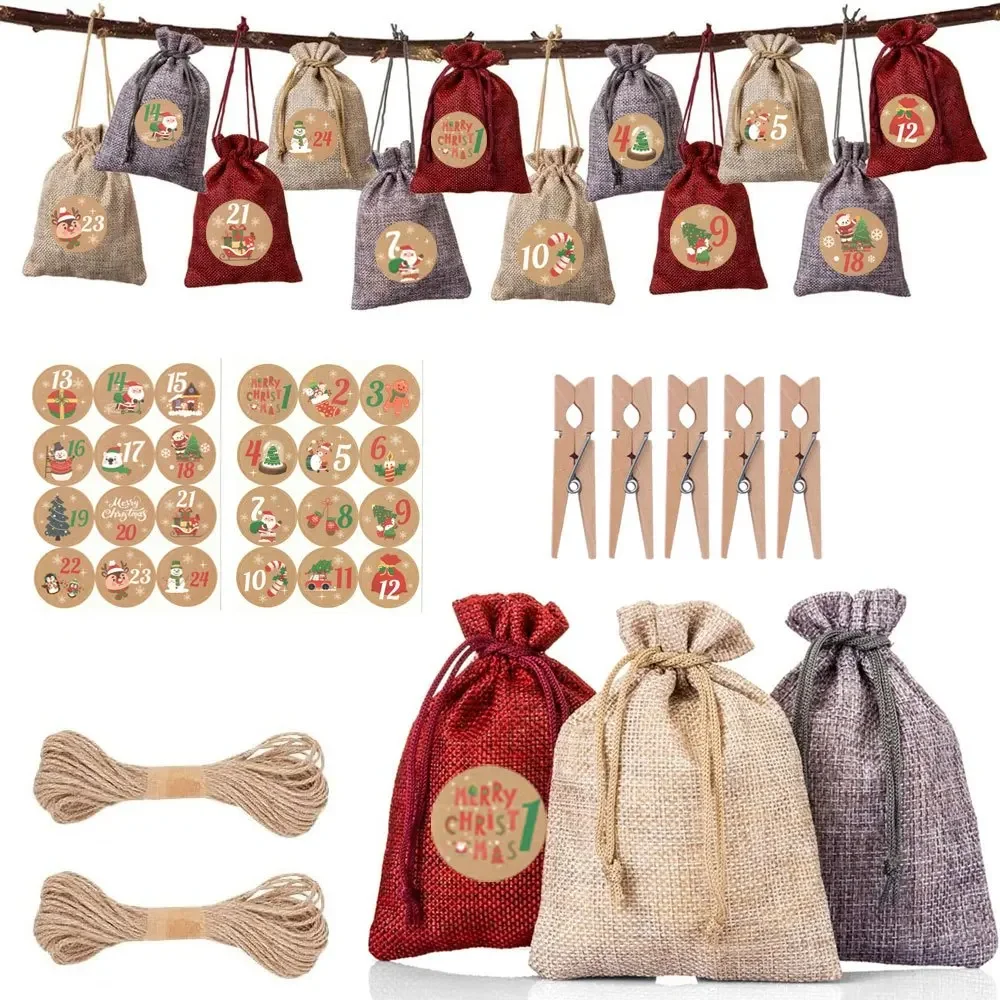 Ensemble de calendrier de l'avent de noël, étiquettes en papier de 1 à 24 jours, sac cadeau suspendu, sac à cordon, calendrier de compte à rebours de noël, 5/27/51 pièces