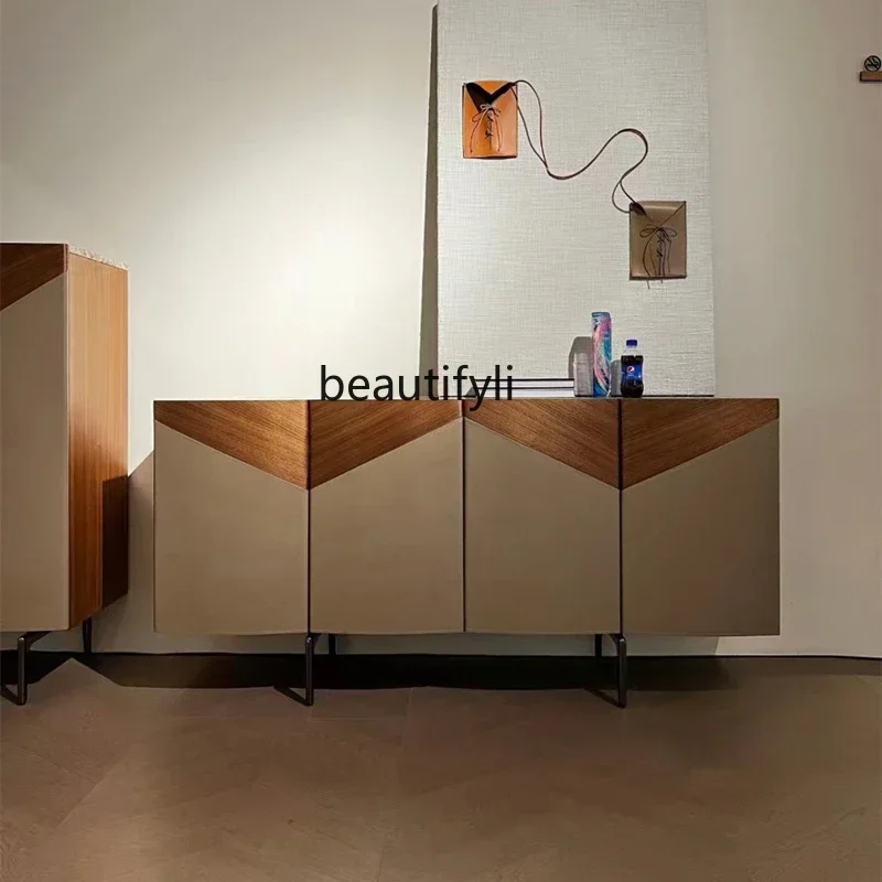 183F saddle leather dining side cabinet, Italian chest cabinet, black walnut solid wood TV, light luxury vertical cabinet