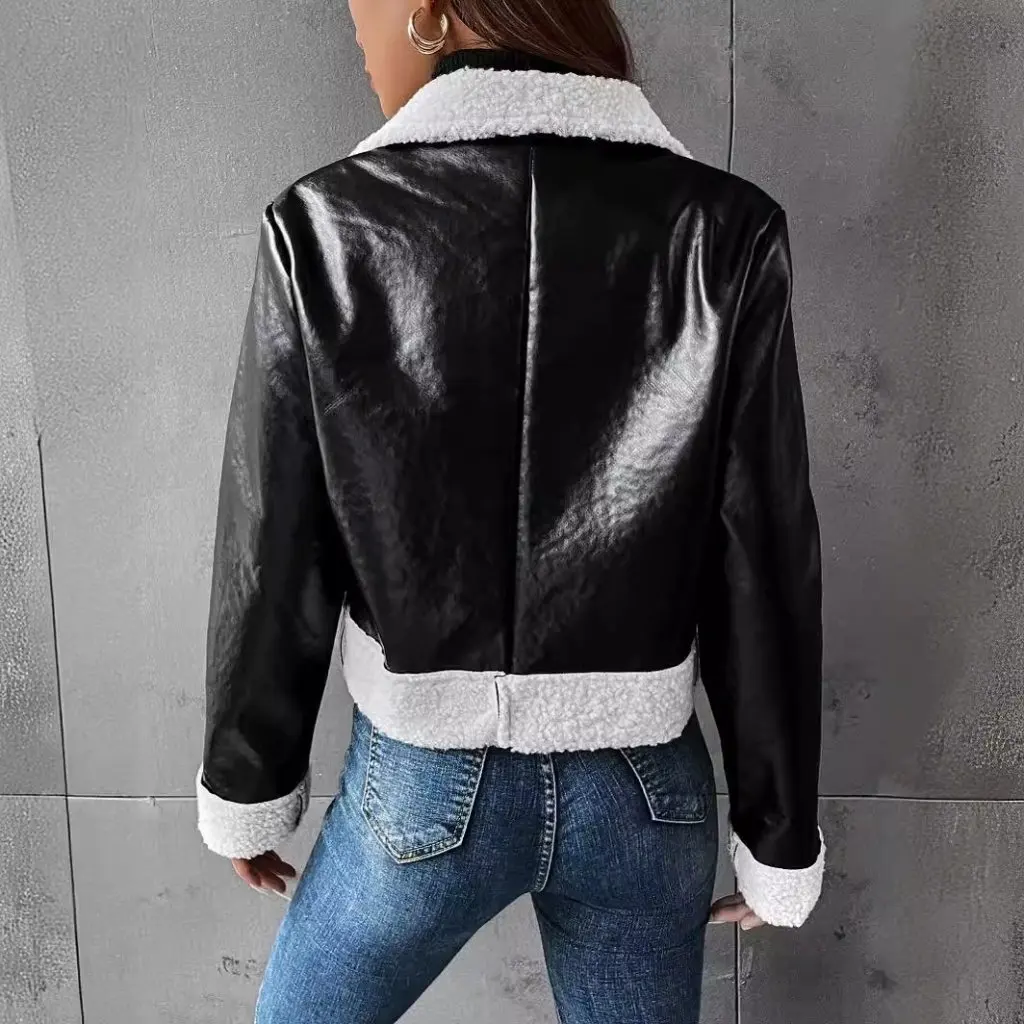 여성용 패션 캐주얼 긴 소매 가죽 재킷 단색 지퍼 플리스 안감 짧은 우아한 봄 가을 재킷