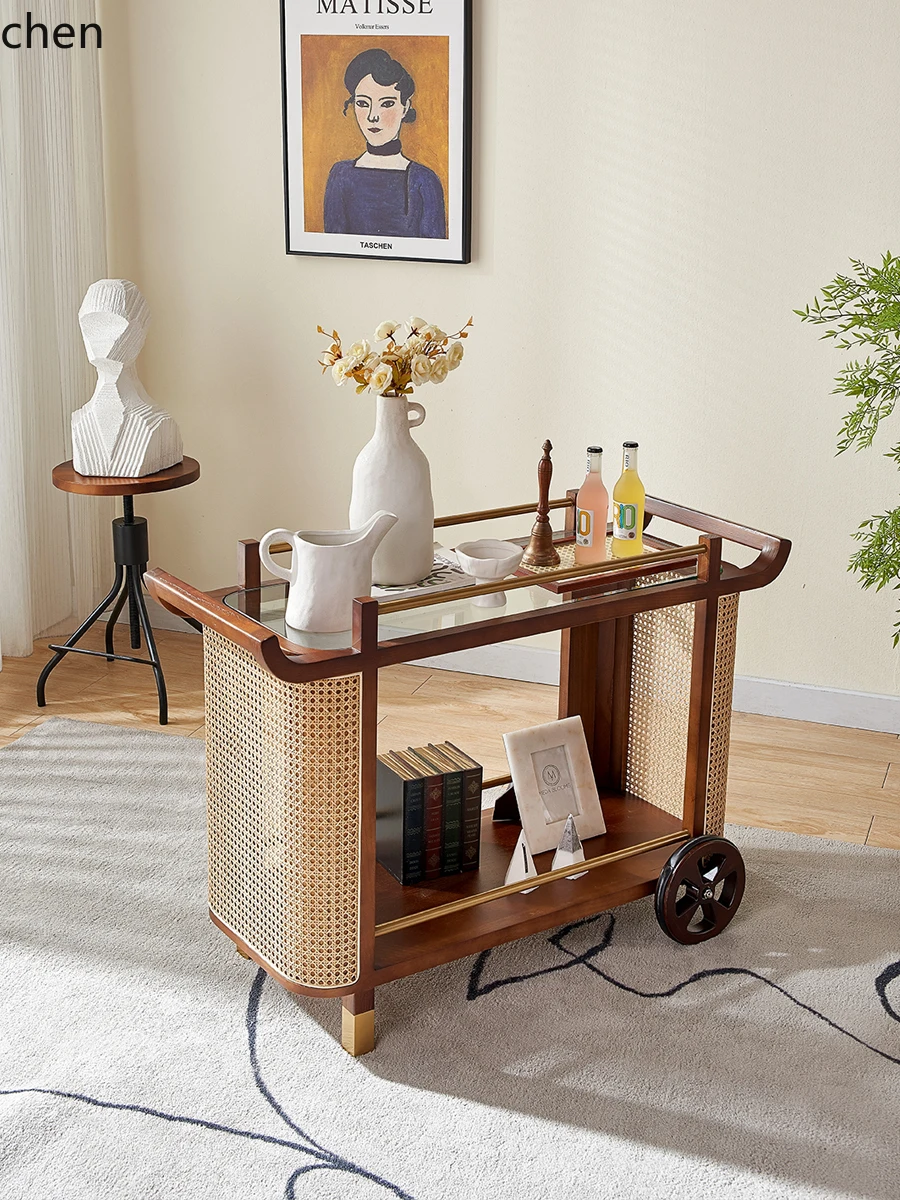 

LQC retro rattan solid wood trolley coffee table living room home log wind creative tea cart