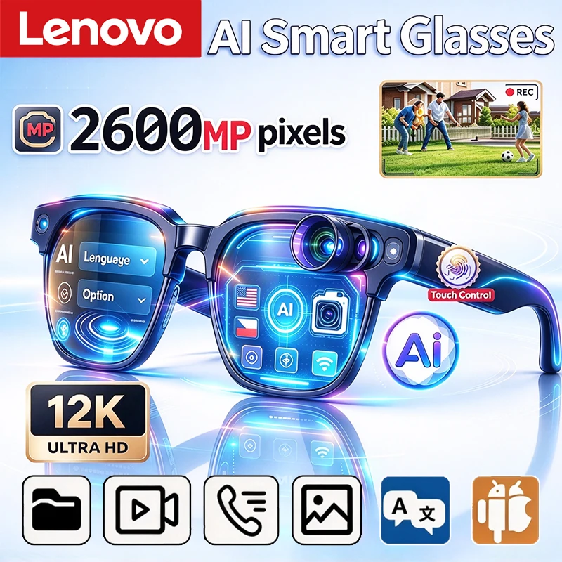 Lenovo Neue KI-Smart-Brille Fernbedienung Touch-Foto-Kamera Aufnahme Übersetzer Sprachassistent Musik Bluetooth-Sonnenbrille