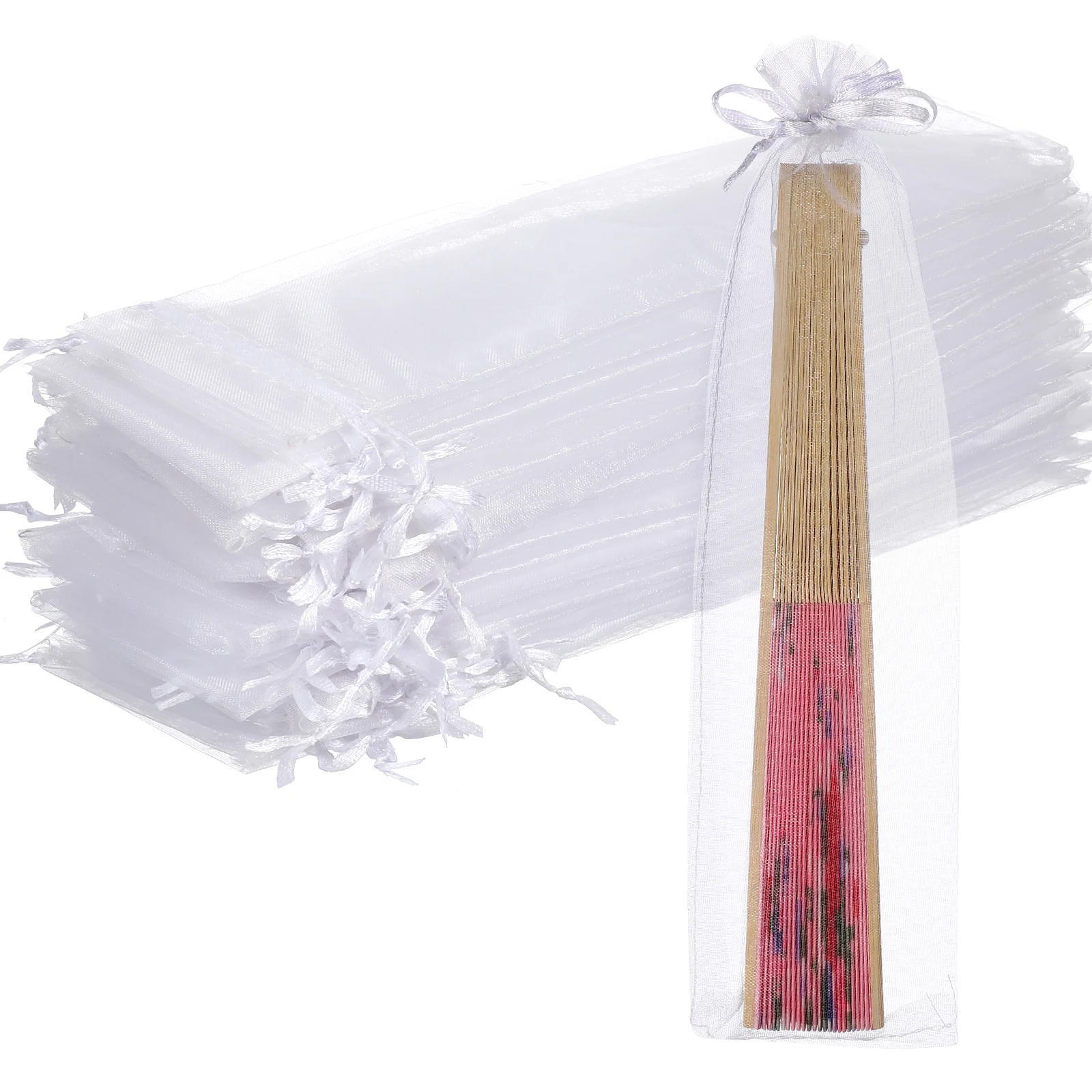 50pcs Drawstring Organza Gift Bag Folding Hand Fan Storage Pouches Tulle Bags Craft Wrapping Bags Party Wedding Favor