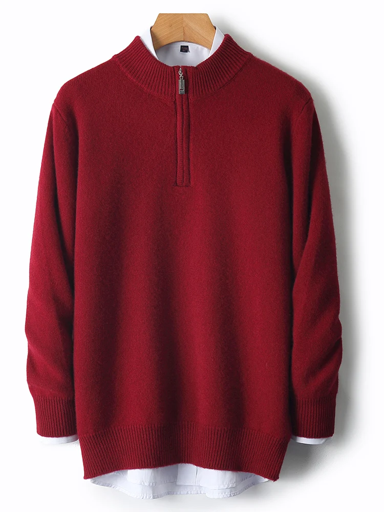 Autumn Winter Men's Mock Neck Pullover 100% Merino Wool Knitted Sweater Turn-Down Collared Zipper Casual Loose Warm Clothes