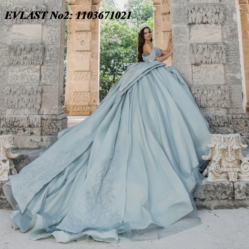 EVLAST Maßgeschneidertes glänzendes Aquablaues Quinceanera-Kleid, Ballkleid, Spitze, Perlenstickerei, Schleife, Korsett, Sweet 16, Vestidos 15 Anos E2QA118