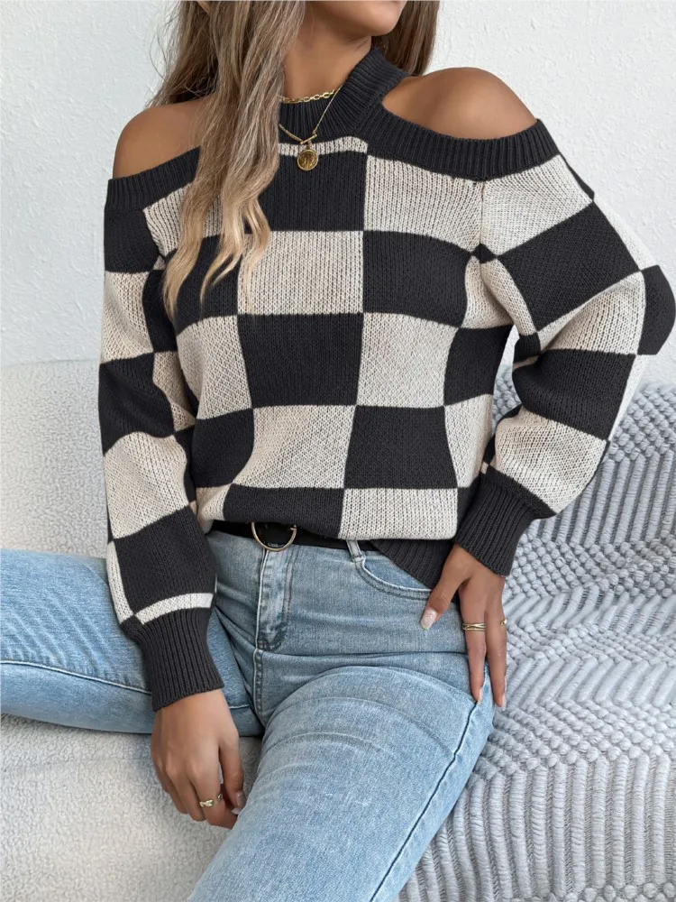 

New Autumn Winter Loose Sweaters Women's Casual Off-the-Shoulder Contrasting Color Checkered Lantern Sleeve Long-Sleeved Sweater