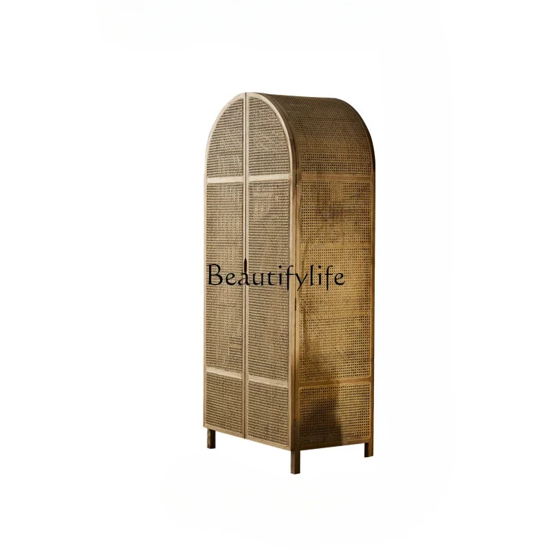 Nordic Solid Wood Rattan Wardrobe Storage Cabinet Vintage B & B Arch Dome Vertical Hinged Door Storage