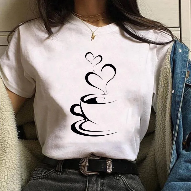 

Funny Heart Coffee Print Round Neck Short Sleeve Shirt Personalized Creative Coffee Casual Women's T-Shirt Clothing