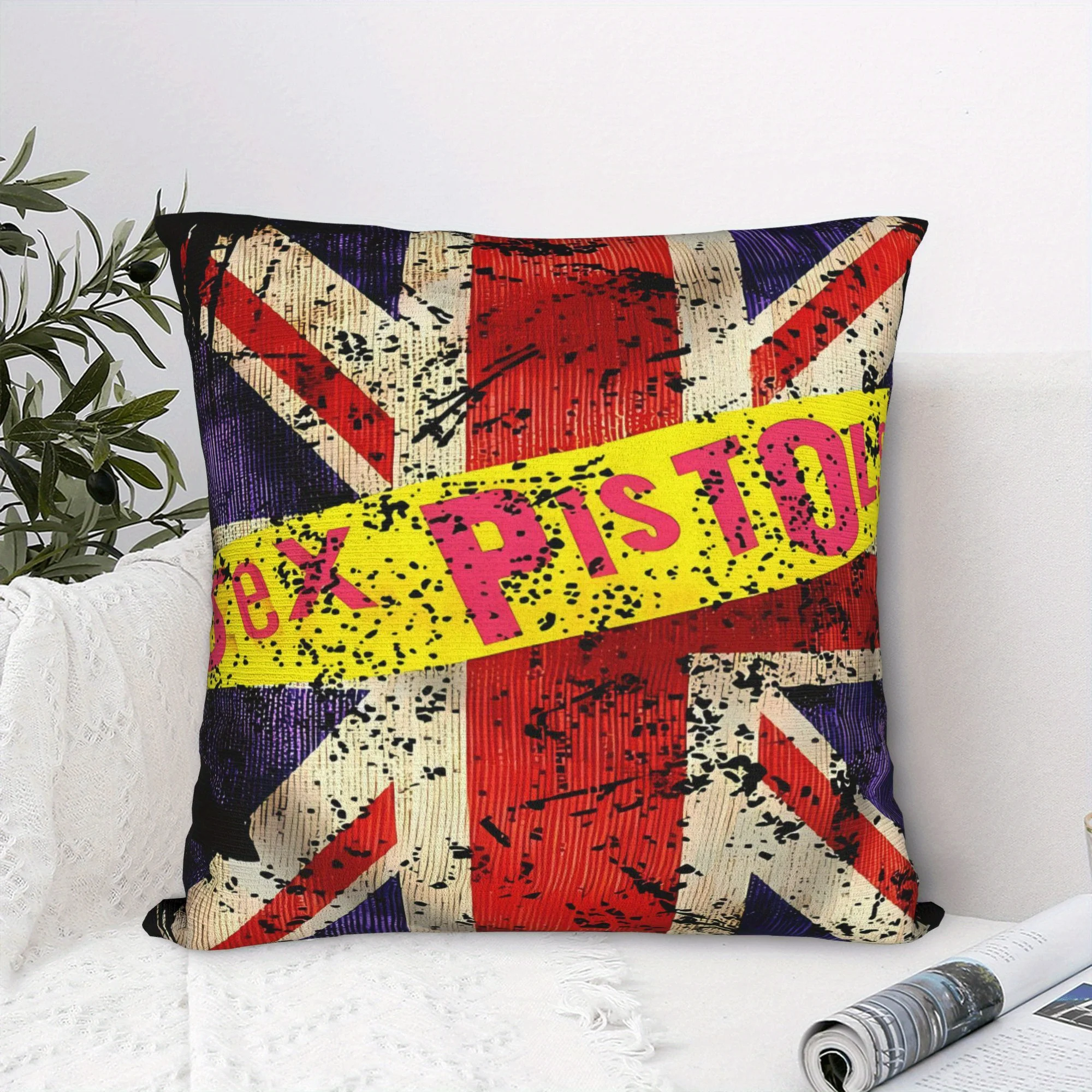 1 Stück Sex Pistols Union Jack Kissenbezug, 2D doppelseitiger Polyester-Kissenbezug, Punk Rock Deko-Kissenhülle, Geschenk für Punk-Fans