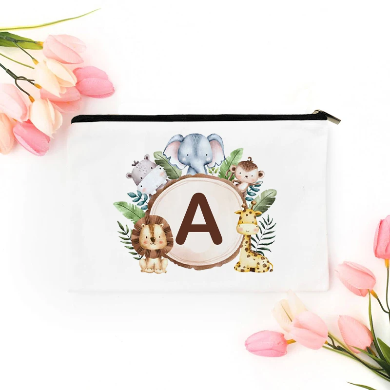 Cute Animal Alphabet A-Z Women Zipper Makeup Bag Canvas Pencil Case Student Toiletries Organizer Letter Bags Gift for Bridesmaid