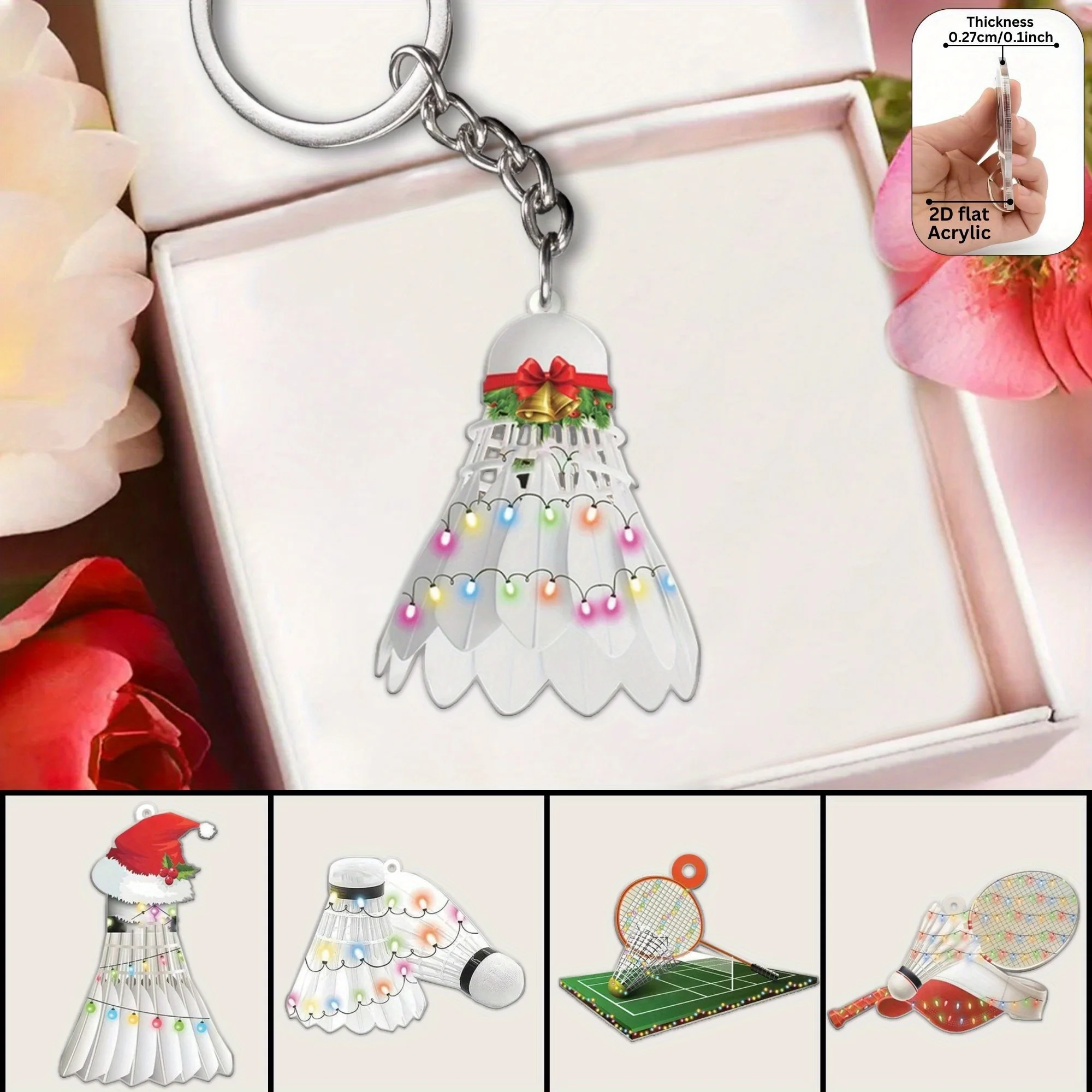Novel Badminton Christmas Keychain 2D Whimsical Pendant Flat Acrylic Ornament Hanging Decoration for Car,Bags,Party Festive,Gift