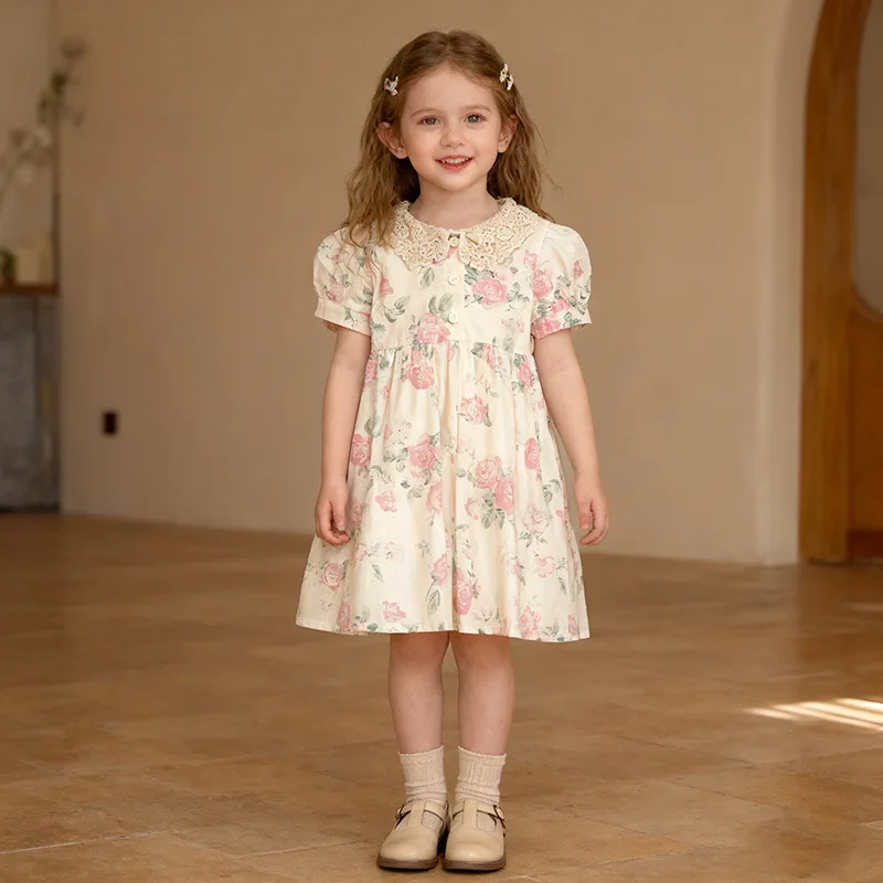 

Girls' Dress Girl's Elegant Floral Dress Summer New Children's Pastoral Style Puff Sleeve Princess Dress