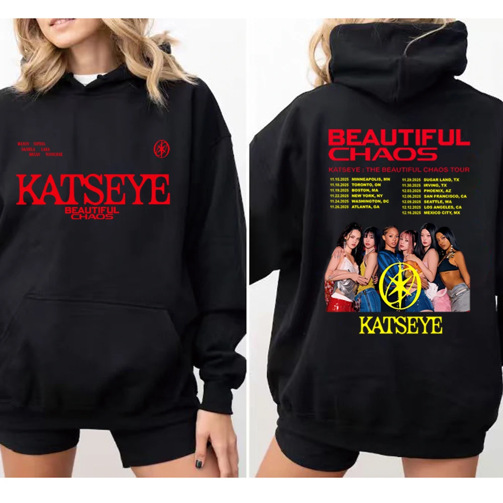 K-Pop Katseye Sudadera con capucha con estampado frontal y trasero Katseye Hermosa camisa Caos Y2k Kpop Gabriela Hip Hop suéter Kpop Streetwear Sudadera con capucha
