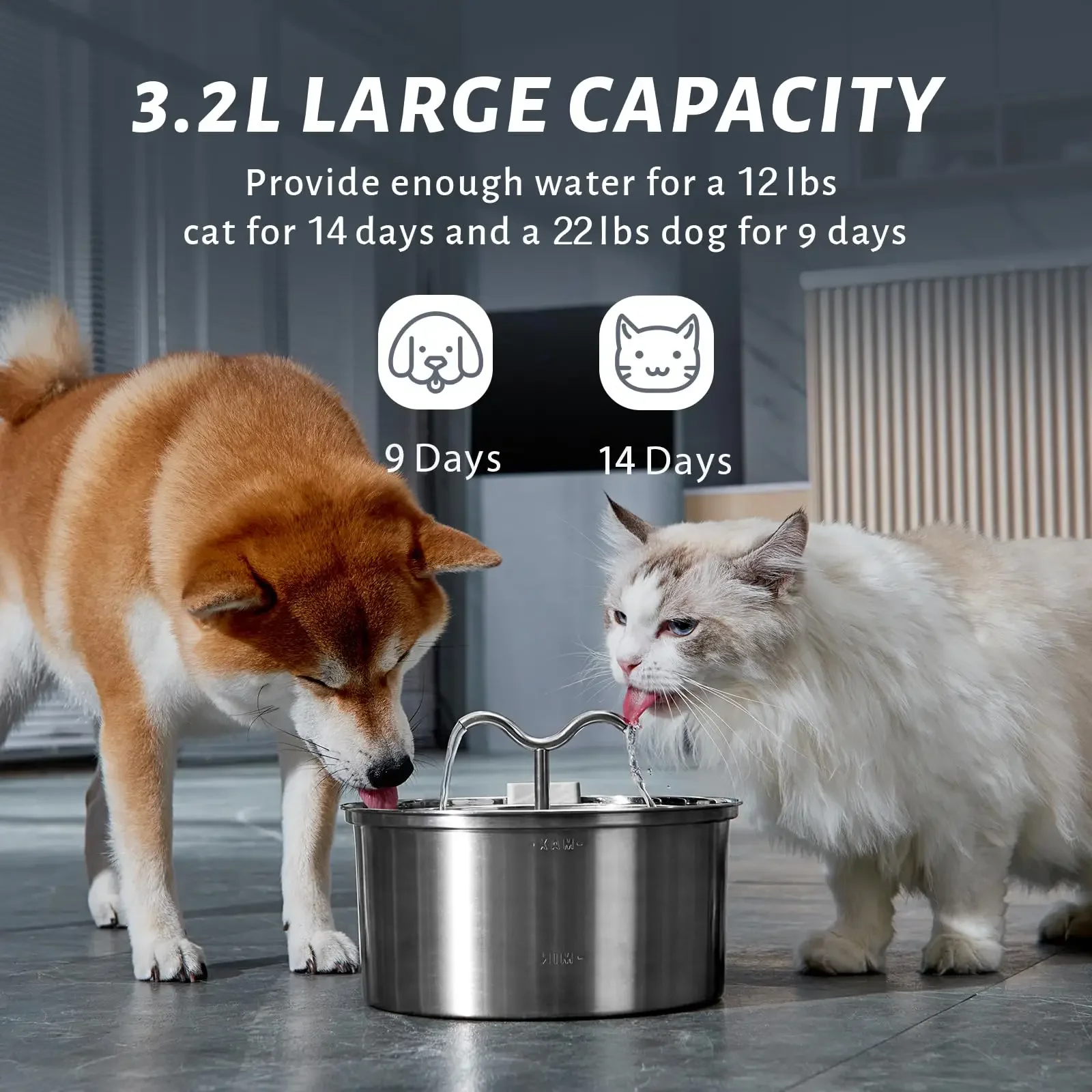 Cat Water Fountain,3.2L/108OZ Round Stainless Steel Dog Dispenser Drinking Bowl with Filters Ultra-Quiet Pump for Multiple Pets