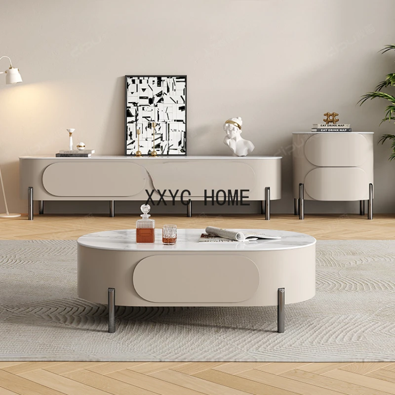 

Italian Minimalist Stone Plate Coffee Table TV Cabinet Combination Tea Table Modern Minimalist Oval Tea Table