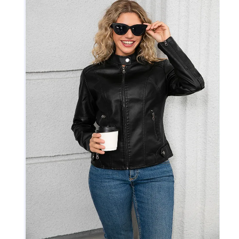 Jaqueta de couro feminina de tamanho europeu cabida terno de motocicleta gola alta elegante jaqueta feminina de tamanho grande