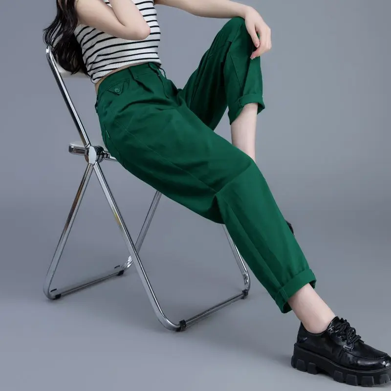 

Green Casual Women Jeans Spring Autumn Fashion Harem Pants Korean Clothing New Streetwear High Waist Solid All-match Trousers