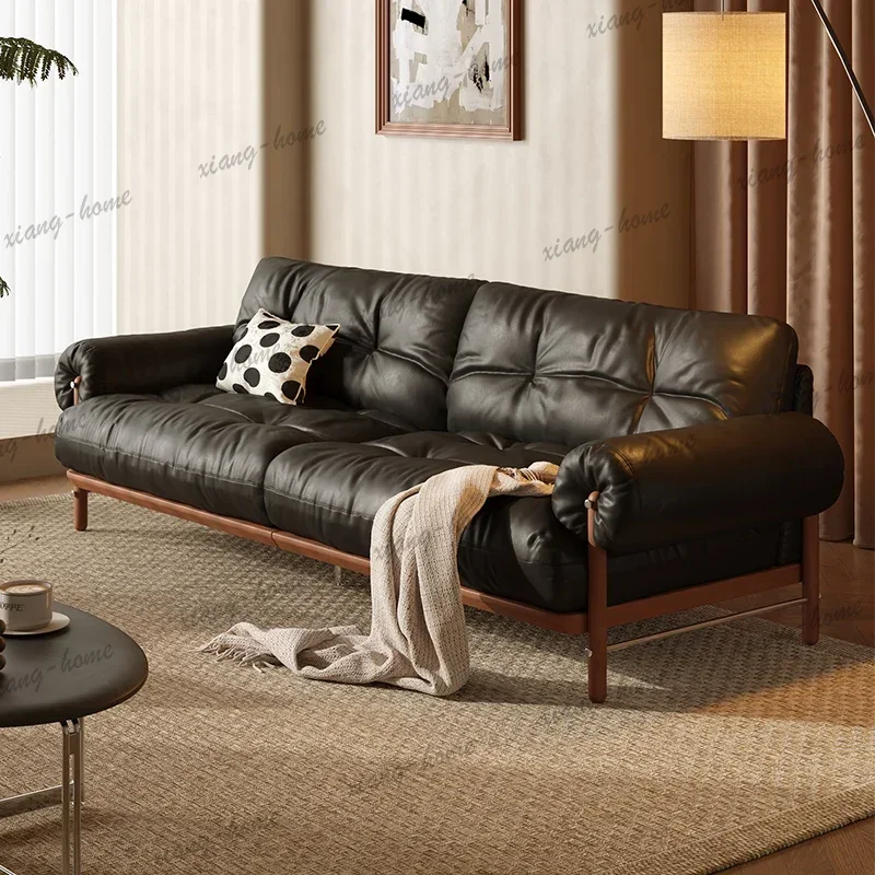 YJ Retro Genuine Leather Sofa, Larch Solid Wood Frame, Plush Cushion Round Arm Couch for Mid‑Century Style Living Room Furniture