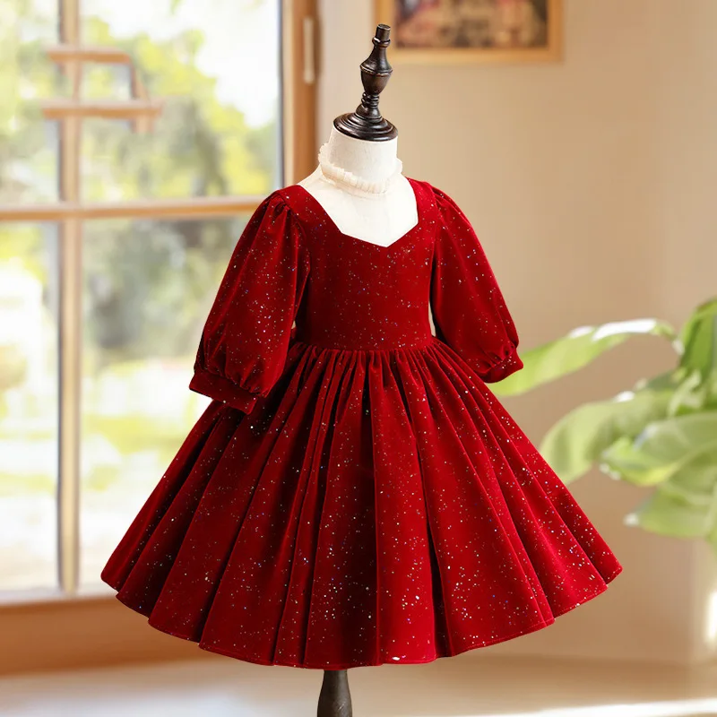 Vestido de baile de lantejoulas de manga longa para meninas, vestido vermelho para crianças, vestidos de festa femininos, traje infantil, 2024