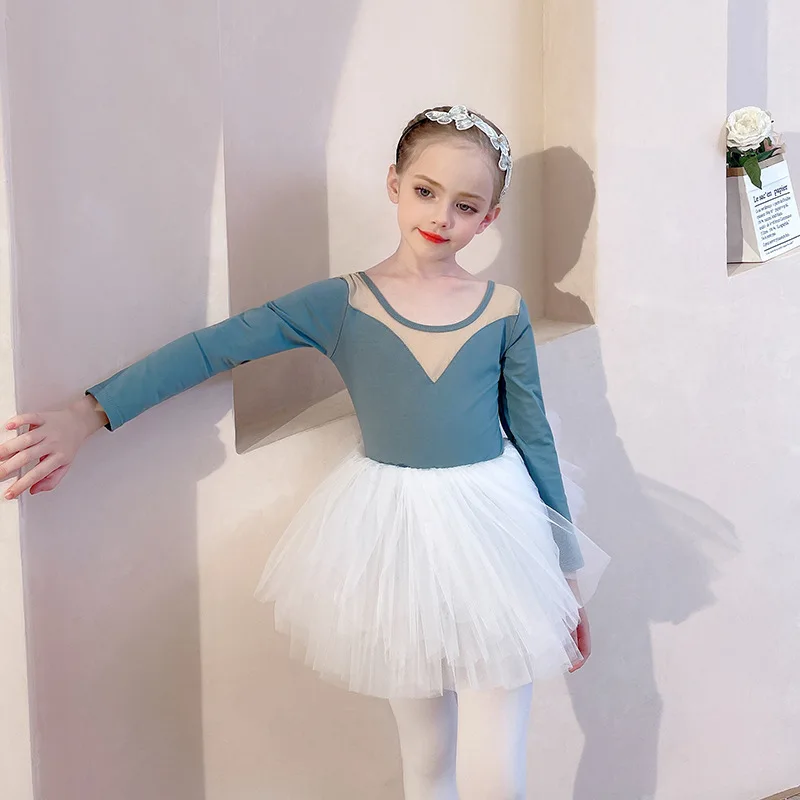 Children's Dance Costume Long Sleeve Autumn Winter Girl Practice Costume Set White Skirt