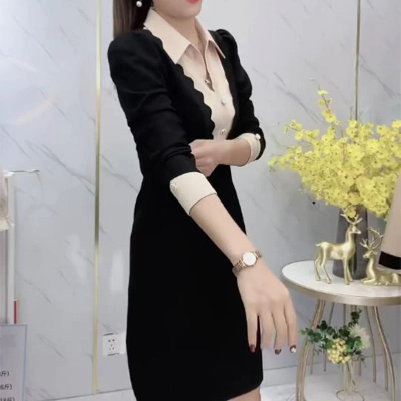 Vestido pequeño con cuello camisero para mujer en otoño e invierno nueva falda ajustada de longitud media ajustada a la cintura