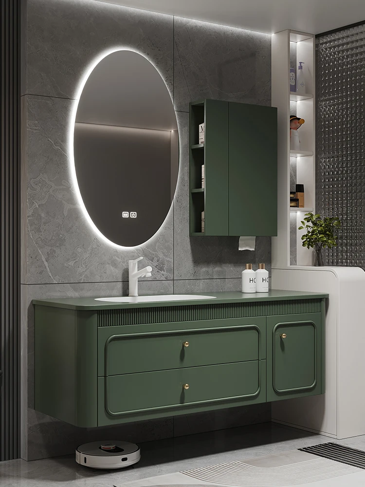 French retro bathroom cabinet combination rock slab seamless integrated basin bathroom solid wood washbasin cabinet