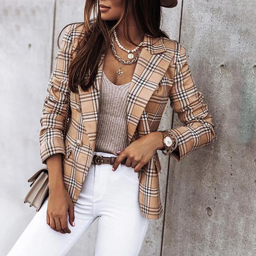 

Plaid Blazer Jacket Women Spring Autumn Long Sleeve Casual Slim Thin Blazers Khaki Woman Coats 2023 Elegant Office Suit Coat Za