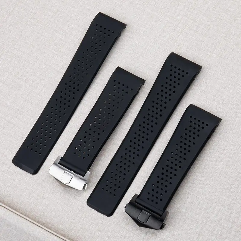 ONECMN 22mm 24mm Soft Rubber Watch Band Bracelet For TAG Strap HEUER GRAND CARRERA AQUARACER Wristband Steel Fold Buckle