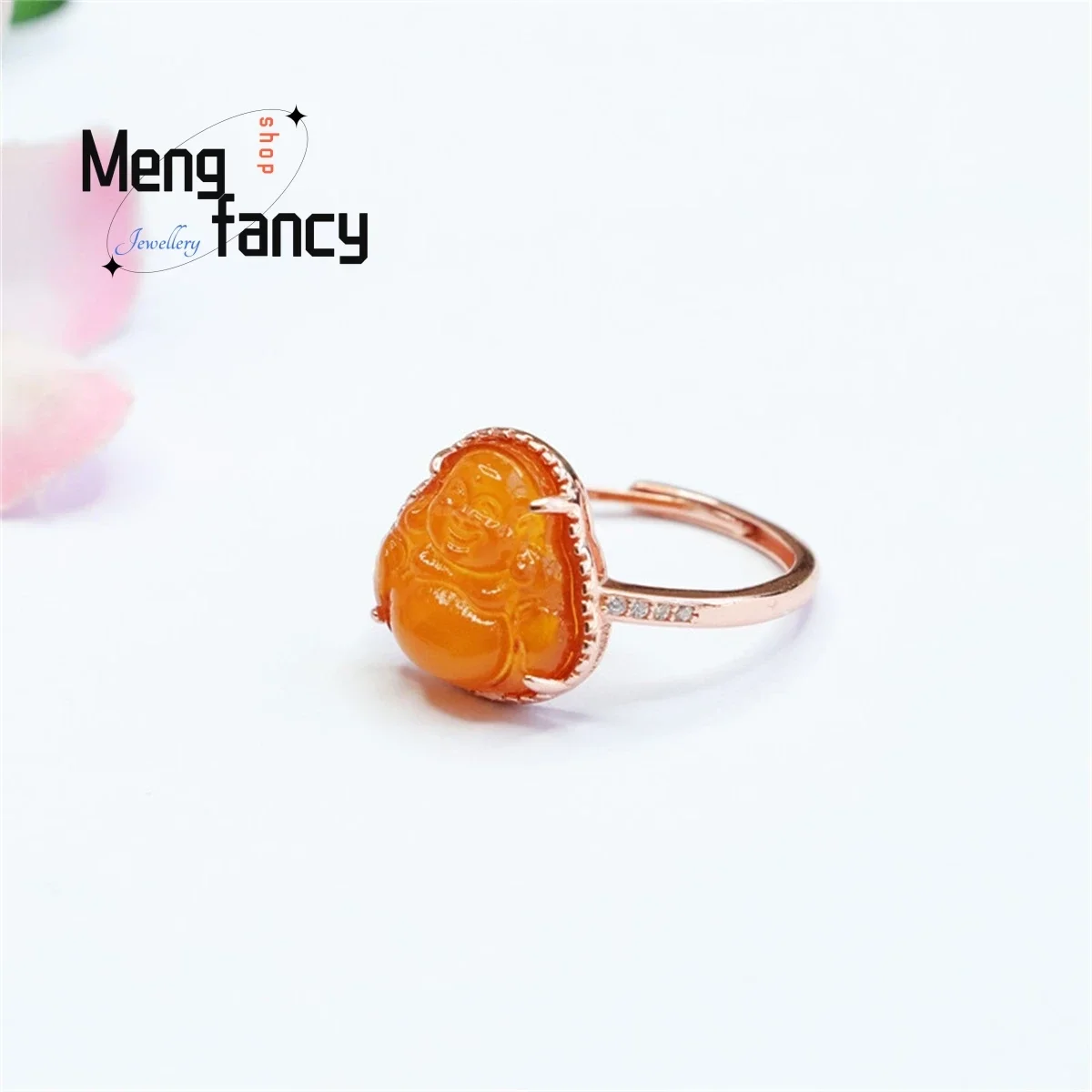 Natural S925 Silver Lnlaid Honey Wax Amber Buddha Maitreya Ring Simple Generous Personality Fine Fashion Couple Women Jewelry