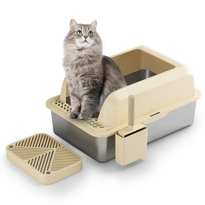 Novo xxl extra grande de aço inoxidável pet toalete pan gato caixa de areia fácil limpeza, não-pegajoso para gatos grandes e maine coon