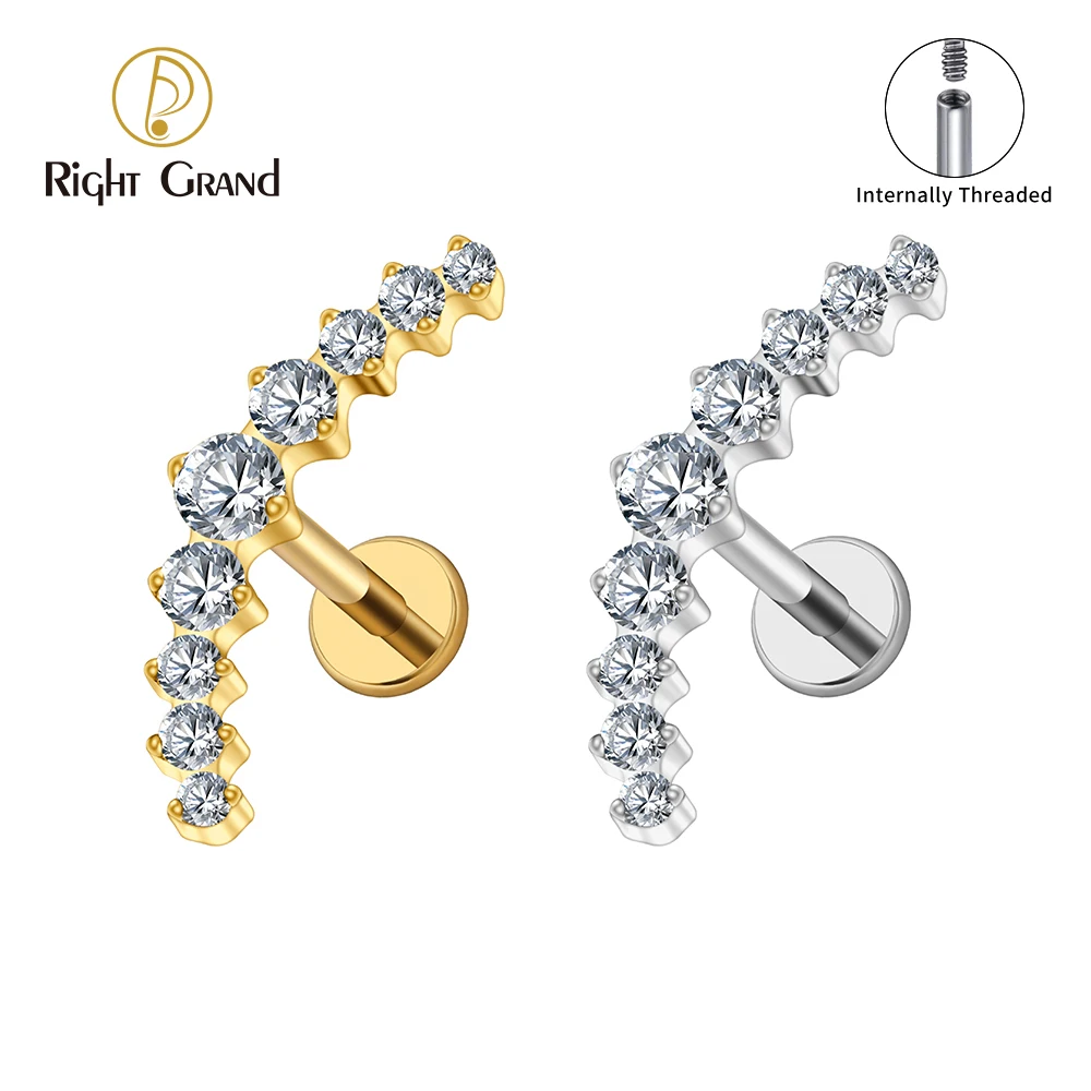 Right Grand ASTM F136 Brinco de titânio com arco CZ Cluster Labret, barra curva, parte traseira plana, rosca interna, cartilagem helicoidal, piercing de concha, joia hipoalergênica