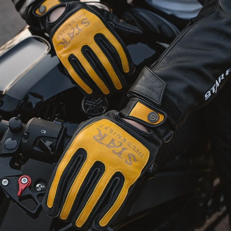 

Starsky Knight Retro Genuine Leather Motorcycle Riding Gloves for Men Women Anti-Fall Wear-Resistant Touchscreen Biker Gear