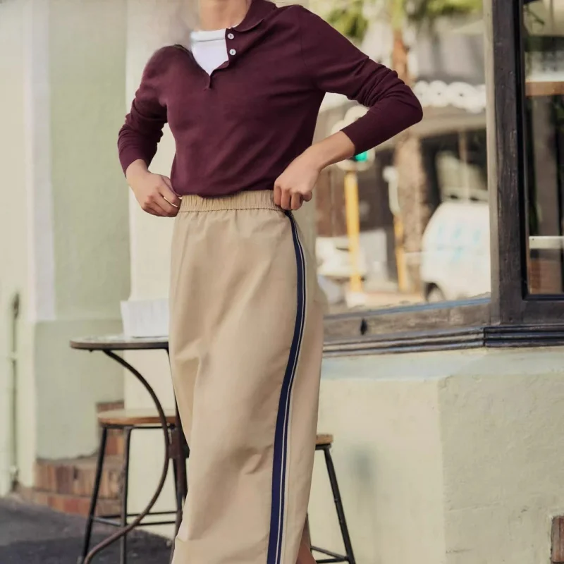 

Spring New Arrival High Waist Midi Skirt Women's Faion Ele Side Strap Simple Hemline Split Commute Sle Stripe Pattern
