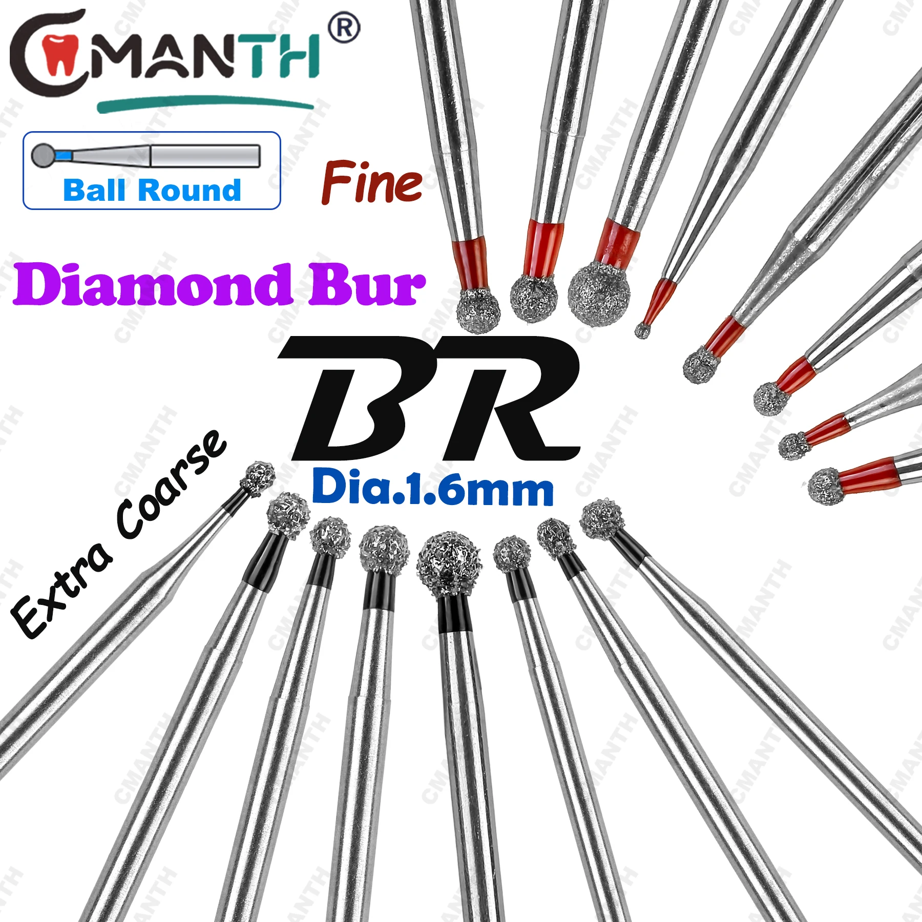 

BR Ball Round End Dental Diamond Burs Dentistry Drills Extra Coarse/Fine Burs For High Speed Handpiece Dentist Tools 10pcs/Pack