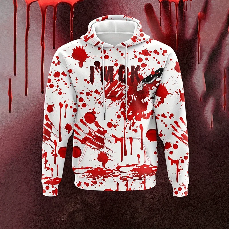 Horror Halloween Party Graphic Sweatshirts Bloody Patterns Design Hoodies For Men Clothes I'm Fine Blood Stained Y2k Pullovers